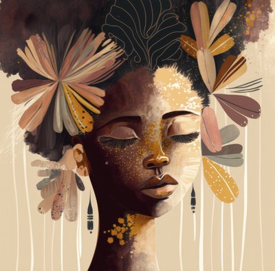 Belleza afro con motivos florales dorados de Bella Eve