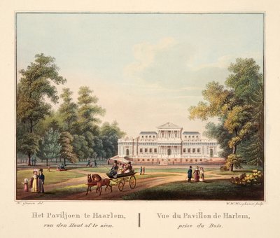 Het Paviljoen te Jaarlem, van den Hout af te zien. Vue du Pavillon de Harlem, prise du Bois, 1825 (grabado coloreado a mano) de Bendrik Greeven
