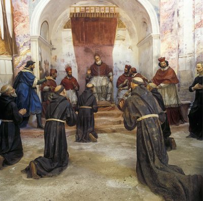 San Francisco de Asís y la comunidad franciscana recibieron la aprobación de la primera regla por el Papa Inocencio III (1160-1216) en 1210 (fresco) de Benedetto (1580 1630) Crespi