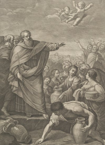 Moisés a la izquierda con los israelitas que recogen maná mientras cae del cielo, dos ángeles ab..., 1776 de Benedetto Eredi