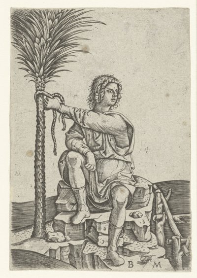 hombre que sienta, por, palmera de Benedetto Montagna