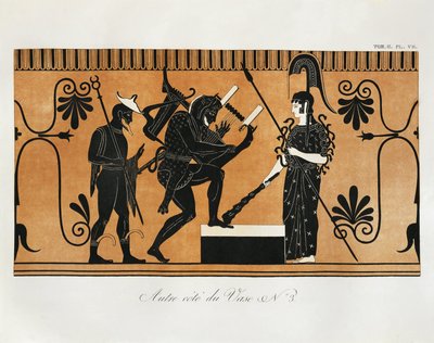 Escena de un antiguo vaso griego con Heracles tocando la lira ante Atenea y Hermes de pie detrás de él, por Piringer (según el original griego), grabado de Benedict or Benedikt Piringer