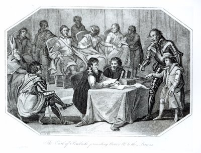 El Conde de Pembroke Presentando a Enrique III (1207-72) a los Barones, 1216 grabado por Saunders de Benezach