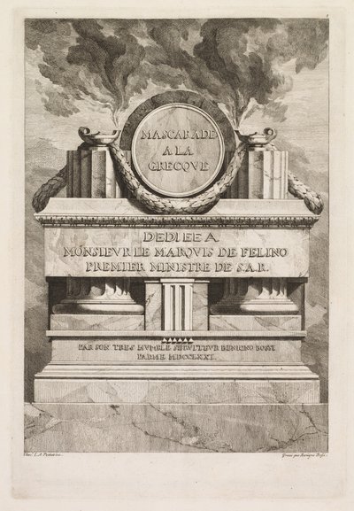 Mascarada a la griega: Página de dedicación, 1771 de Benigno Bossi