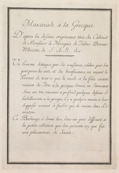 Mascarada a la griega: Página del título Placa 1, 1771 de Benigno Bossi