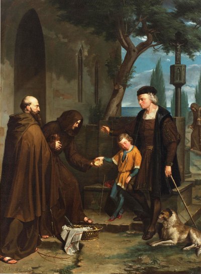 Colón en las puertas del convento de Santa María de la Rábida pidiendo pan y agua para su hijo, 1858 de Benito Mercade y Fabregas