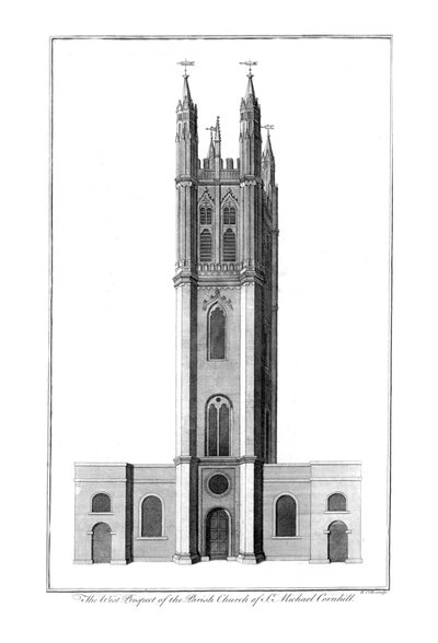 La perspectiva oeste de la iglesia parroquial de San Miguel Cornhill, c. 1756 de Benjamin Cole