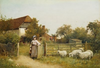 Niña con ovejas, junto a una cabaña de Benjamin D. Sigmund