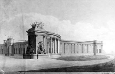 Vista en perspectiva de un muelle de entrada en la casa de Benjamin Dean Wyatt