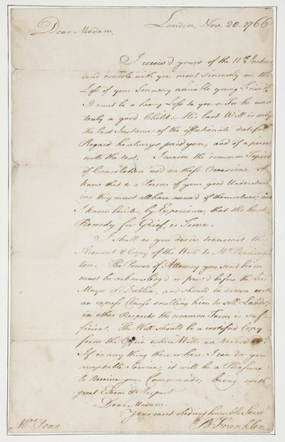 Carta autógrafa a la Sra. Ann Penn, Londres, 20 de noviembre de 1766 de Benjamin Franklin