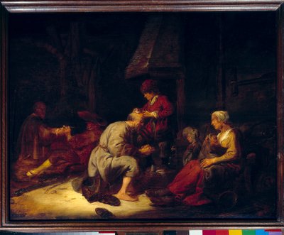 La operación con una lupa, cirujano operando a uno de sus pacientes en la cabeza de Benjamin Gerritsz. Cuyp