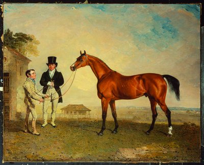 "Skiff", un caballo de carreras bayo sostenido por un mozo en Newmarket Heath, con John Howe, el dueño de los establos, a su lado, 1829 de Benjamin Marshall
