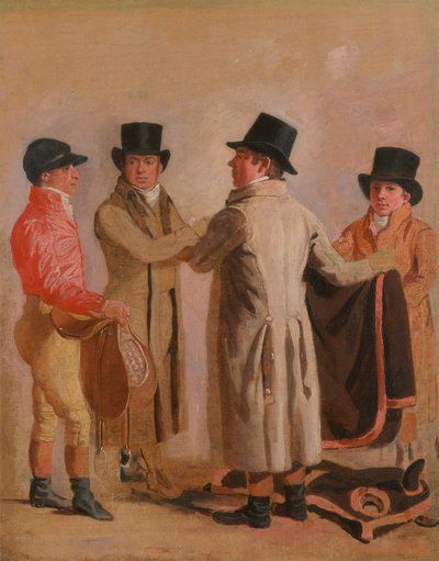 El jockey Frank Buckle, el propietario-criador John Wastell, su entrenador Robert Robson y un mozo de cuadra. de Benjamin Marshall