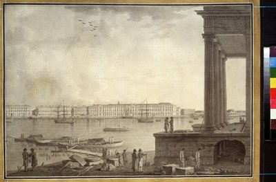 Vista del Palacio de Invierno y la Bolsa de Valores de San Petersburgo. Obra de Benjamin Paterssen (1748-1815), lápiz y tinta sobre papel, hacia 1790. Arte sueco de Benjamin Patersson