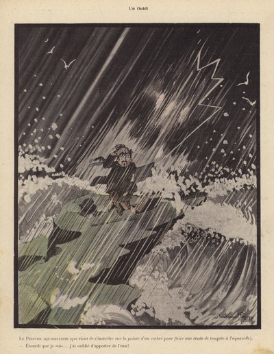 Un descuido: un acuarelista que se instala en una roca para pintar una tormenta y se lamenta de haber olvidado llevar agua (litografía) de Benjamin Rabier