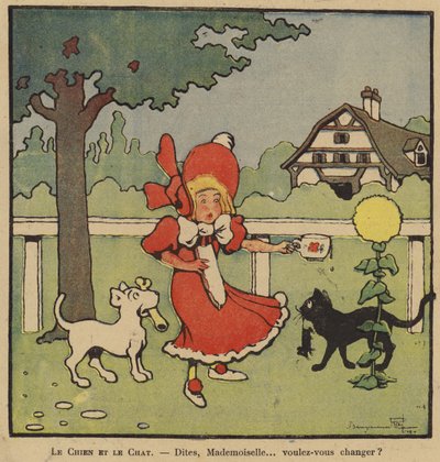 Caricatura de una niña atrapada entre su perro con un hueso y su gato con un ratón de Benjamin Rabier