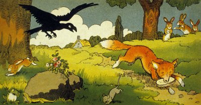 Fábula de La Fontaine : El cuervo y la zorra (ilustración 1949) de Benjamin Rabier