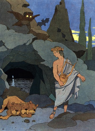 Orfeo y su lira dormidos Cerbère el perro de tres cabezas de Benjamin Rabier