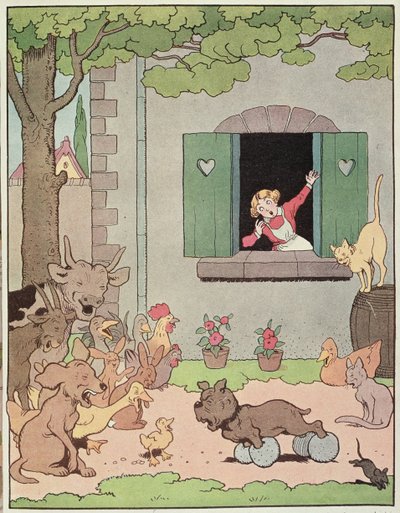 Los animales de la granja se alegran de la derrota de Grognard, ilustración para "Placide et Gedeon" 1926 (litografía en color) de Benjamin Rabier