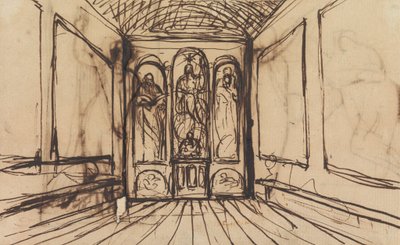 Estudio de una habitación interior con imágenes religiosas en los paneles murales de Benjamin Robert Haydon