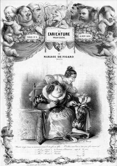 Las bodas de Fígaro, Acto 11, con los personajes de Susana y la condesa Almaviva: "_ pero mira este moco qué bonito como niña... ¿no serás bonita así?" ilustración, 1838 de Benjamin Roubaud