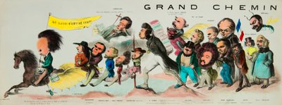 La gran cabalgata de la posteridad. (Montado en el Pegaso romántico, Victor Hugo (1802-1885), rey de los Hugólatras, armado con su buena espada de Toledo y portando la bandera de Notre-Dame de París, llevó a Théophile Gautier (1811-1872), Bernard Adolphe G de Benjamin Roubaud