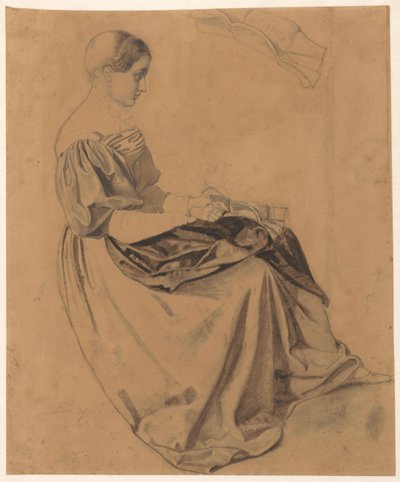 Niña sentada con una carta; la letra de arriba se repite de Benjamin Vautier
