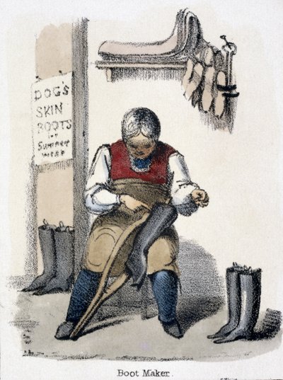 El zapatero, de El perro en Ilustraciones gráficas de animales - Mostrando su utilidad para el hombre en su empleo durante la vida y usos después de la muerte, c.1845 de Benjamin Waterhouse Hawkins