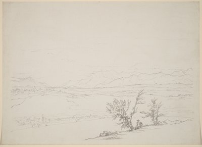 Un paisaje alpino con una pareja sentada junto a los árboles con vistas a un valle de Benjamin West