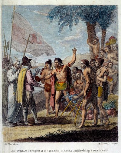 Un cacique indio de la isla de Cuba recibe a Cristóbal Colón y representantes europeos de Benjamin West
