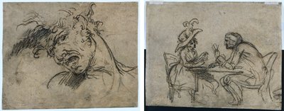 Head of a Screaming Man (recto) Woman and Man Playing Cards (verso)  de Benjamin West