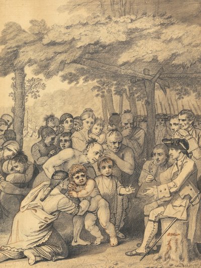 Los Indios Entregando los Cautivos Ingleses al Coronel Bouquet cerca de su campamento en el pueblo de Muskingum en Norte America en Noviembre 1764, 1765 de Benjamin West