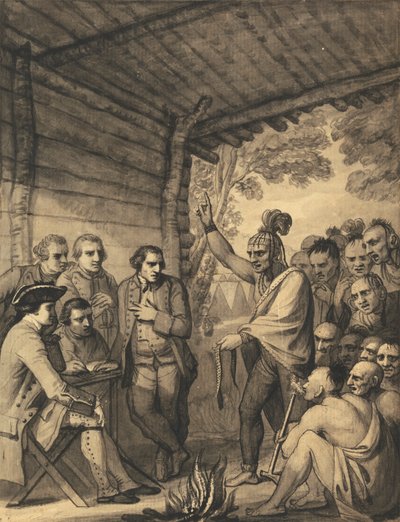 Los Indios Dando una Charla al Coronel Bouquet en una conferencia en un Fuego de Consejo Cerca de su Campamento en las Orillas de Muskingum en América, en Octubre de 1764, 1765 de Benjamin West