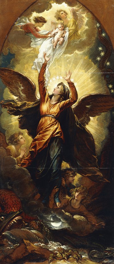 La mujer vestida con el sol huye de la persecución del dragón de Benjamin West