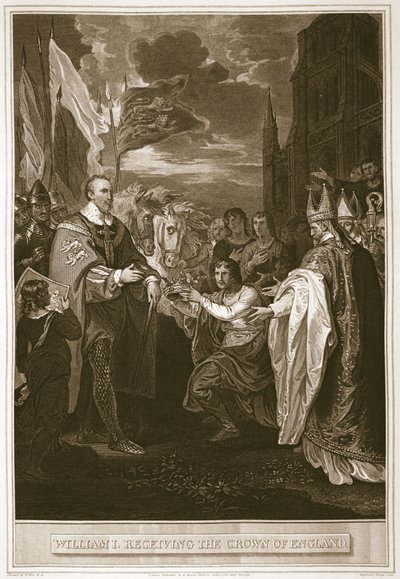 Guillermo I recibiendo la corona de Inglaterra, grabado por George Noble, ilustración de 