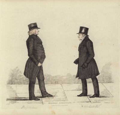 Eminentes edimburgueses, también conocidos como atenienses modernos, John Wilson, Esq, profesor de filosofía moral, George Joseph Bell, Esq, profesor de derecho escocés (grabado en color) de Benjamin William Crombie