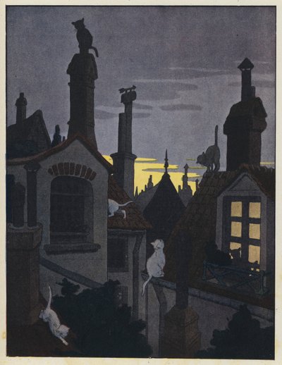 Gatos en los tejados por la noche de Benjamin Rabier