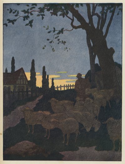 Rebaño de ovejas bajo un árbol al atardecer de Benjamin Rabier