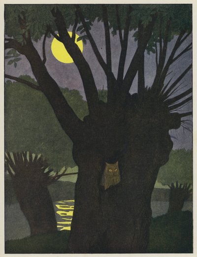 Búho en un agujero en un árbol en una noche de luna de Benjamin Rabier