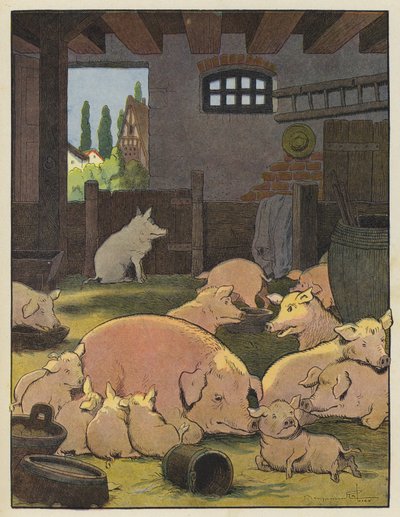 Cerdos en una pocilga de Benjamin Rabier