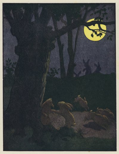 Conejos bajo un árbol en una noche de luna de Benjamin Rabier