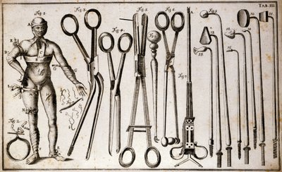 Diferentes tipos de fórceps e instrumentos quirúrgicos. Un hombre con diferentes tipos de torniquetes y vendajes. Placa de cirugía ilustrada por Benoist Louis Prevost (1735-1809). Siglo XVIII de Benoit Louis Prevost