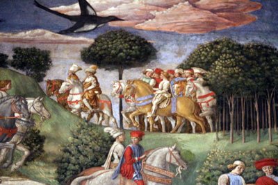 Italiano: El viaje de los Reyes Magos: la procesión Gasparre del Rey más joven de Benozzo Gozzoli