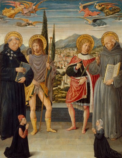 Santos Nicolás de Tolentino, Roque, Sebastián y Bernardino de Siena de Benozzo Gozzoli