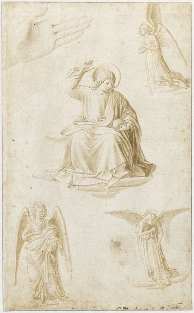 Estudios de una mano, tres ángeles y Cristo como Salvator Mundi, segunda mitad del siglo XV de Benozzo Gozzoli