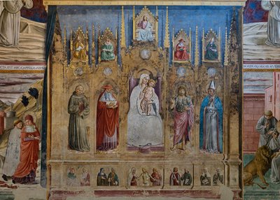 Un falso políptico con la Virgen María y el Niño, San Antonio de Padua, San Jerónimo, San Juan y San Luis de Toulouse, Capilla de San Jerónimo de Benozzo di Lese di Sandro Gozzoli