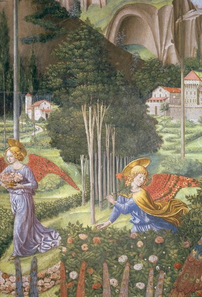 Ángel recogiendo flores en un paisaje celestial, detalle del ciclo del Viaje de los Magos en la capilla, c.1460 (detalle) de Benozzo di Lese di Sandro Gozzoli