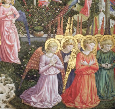 Ángeles en un paisaje celestial, la pared izquierda del ábside, del ciclo del Viaje de los Magos en la capilla c.1460 (detalle) de Benozzo di Lese di Sandro Gozzoli