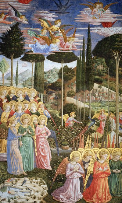 Ángeles en un paisaje celestial, la pared izquierda del ábside, del ciclo Viaje de los Magos en la capilla de Benozzo di Lese di Sandro Gozzoli