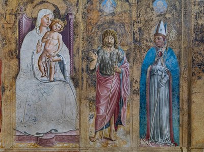 Detalle de un falso políptico con la Virgen María y el Niño, San Antonio de Padua , San Juan y San Luis de Toulouse, Capilla de San Jerónimo de Benozzo di Lese di Sandro Gozzoli